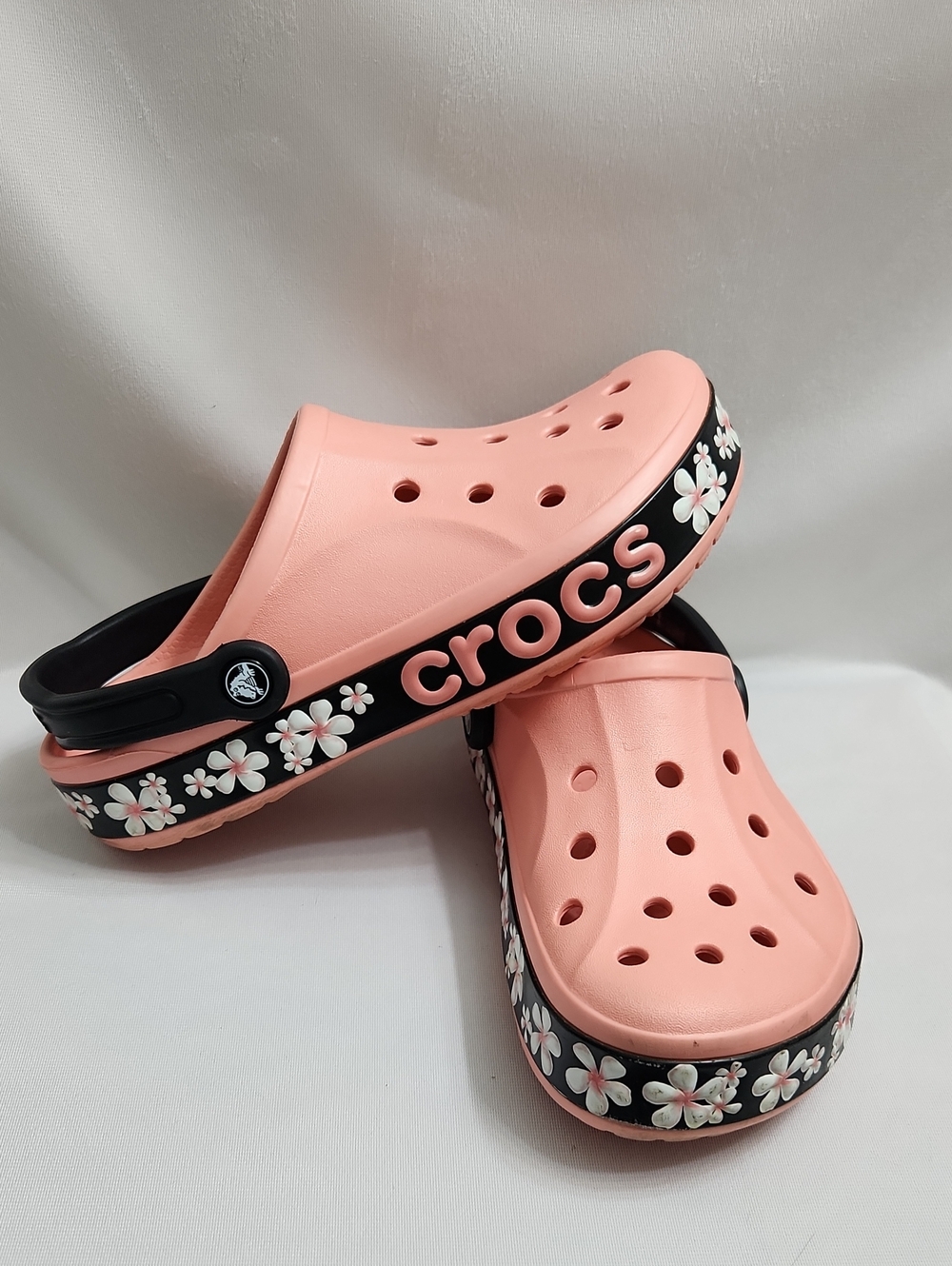 CROCS Peach Pink Floral Clog Mules (Unisex M7, W9)